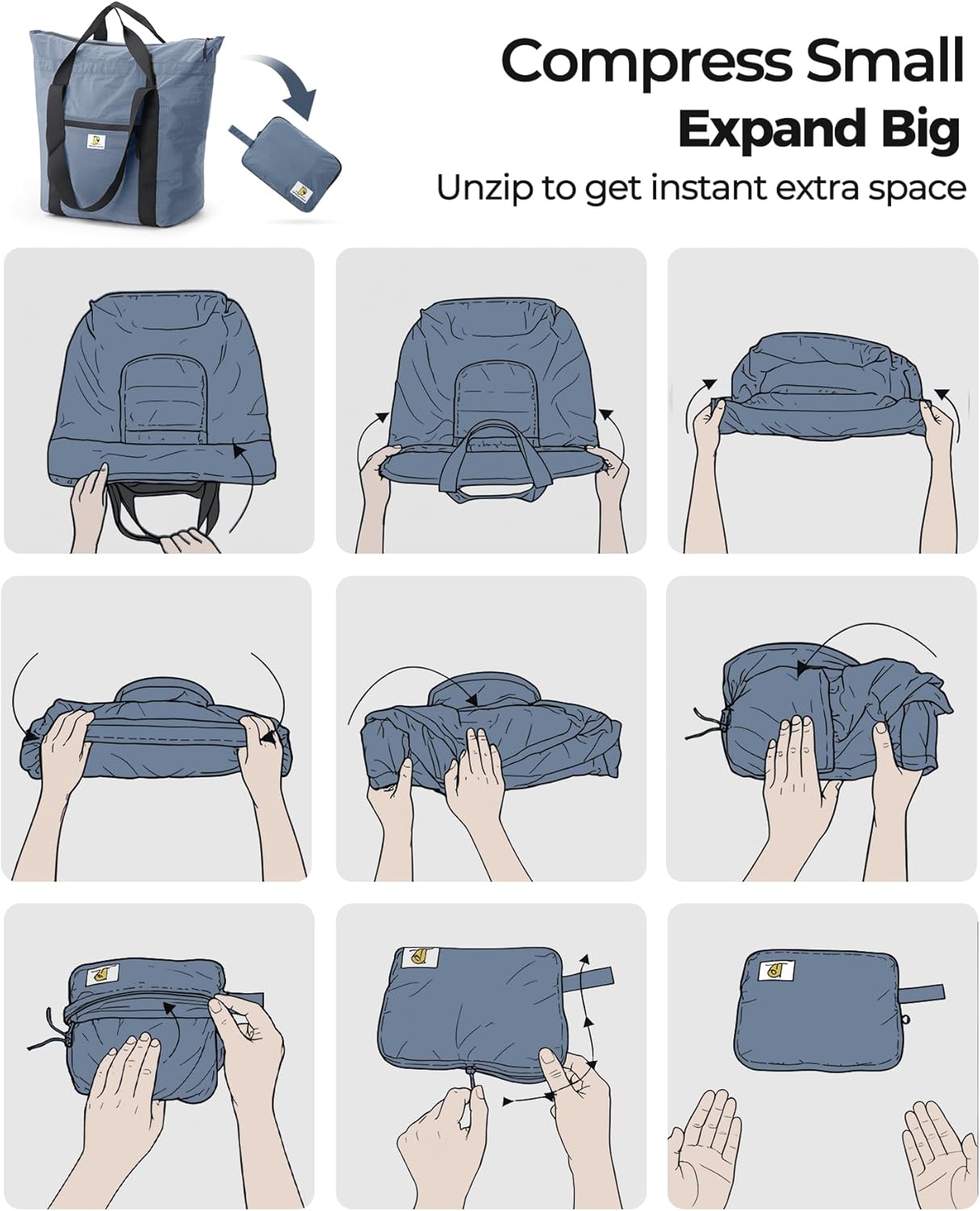 Foldable Travel Bag, 26L Lightweight Weekender Duffel, Expandable Second Carry-On Bag for Travel & Shopping, Water-Resistant Personal Item Bag, Mist Blue