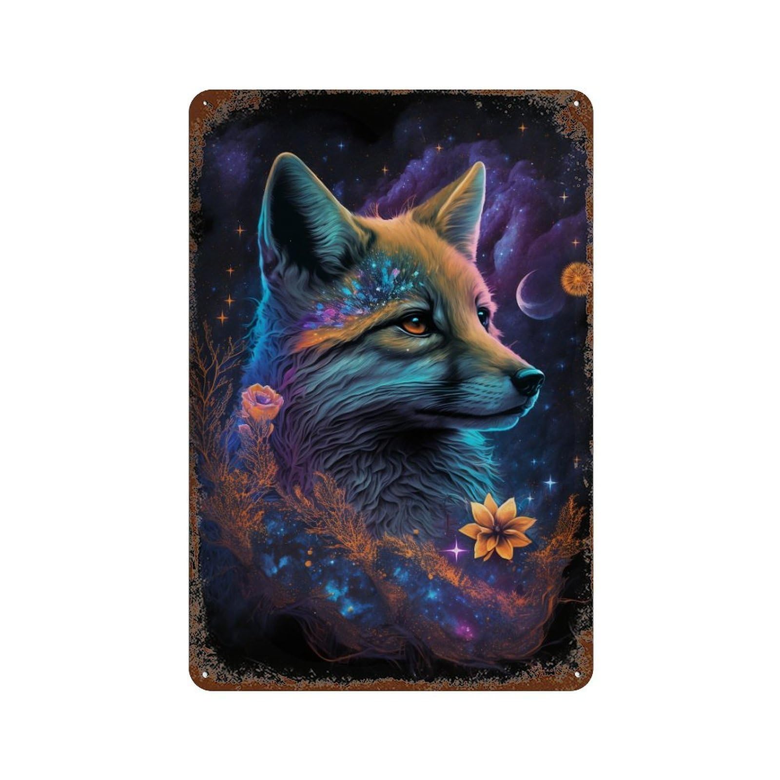 Vintage Rust Metal Sign with Galactic Fox Fantasy Art Print Design 11.8"x7.9", for Shed, Workshop And Garage Wall Decor, Retro Wall Decor
