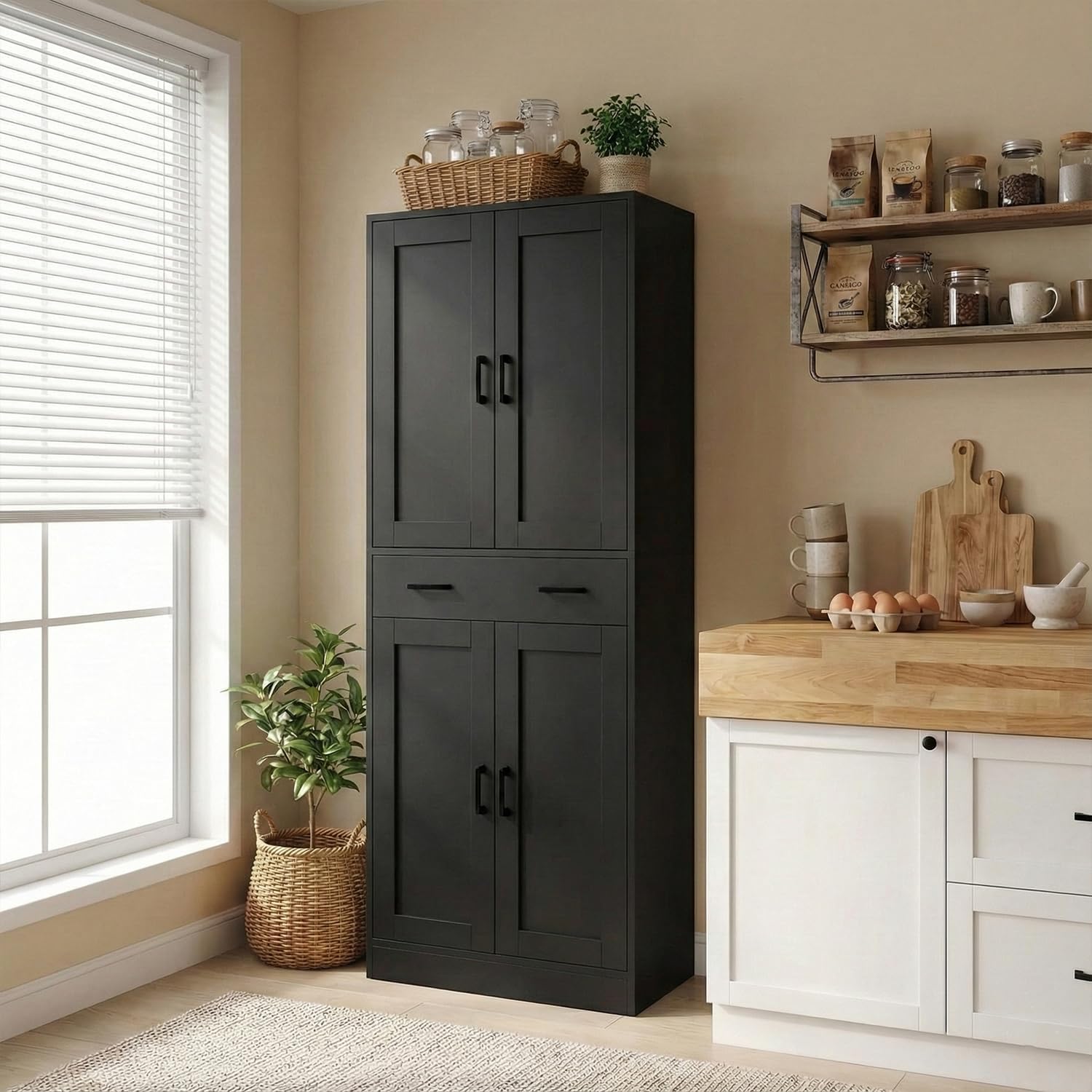 71" Tall Kitchen Pantry Cabinet, Freestanding Food Storage Cupboard with Drawer and 4 Doors, Large Black Utility Floor Cabinet with Adjustable Shelves for Dining Room, Breakroom, Home Office