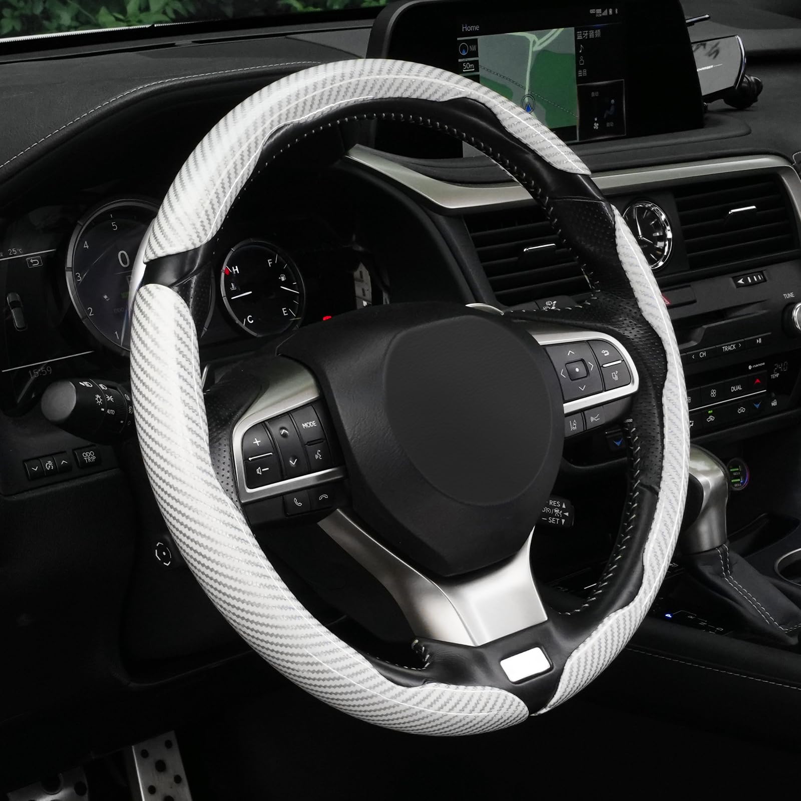 Amiss 3pcs Carbon Fiber Anti-Skid Steering Wheel Cover, Waterproof Design, Universal Fit for 14-16 Inch Car Wheel Cover, Interior Car Accessories for Jeeps, SUVs, Trucks (Glossy White)