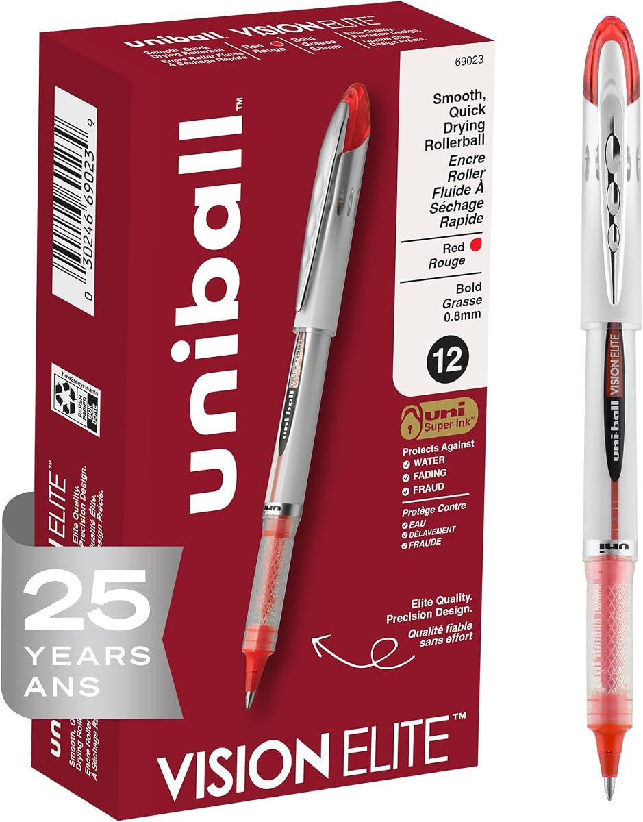 uni-ball uniball Vision Elite Rollerball Pens with 0.8mm Bold Point, Red, 12 Count