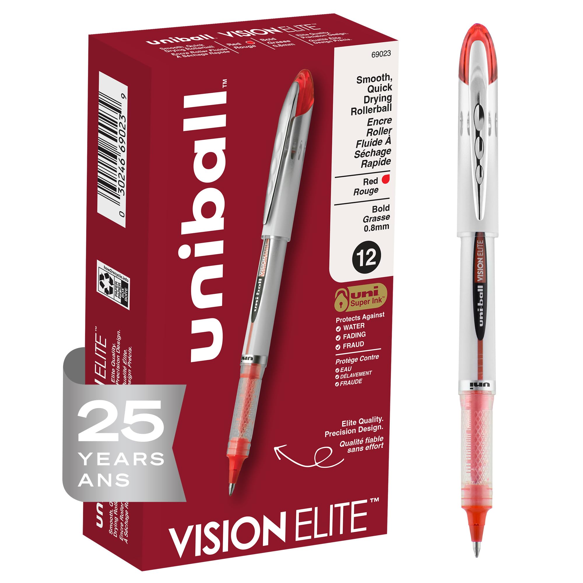 uniball Vision Elite Rollerball Pens with 0.8mm Bold Point, Red, 12 Count