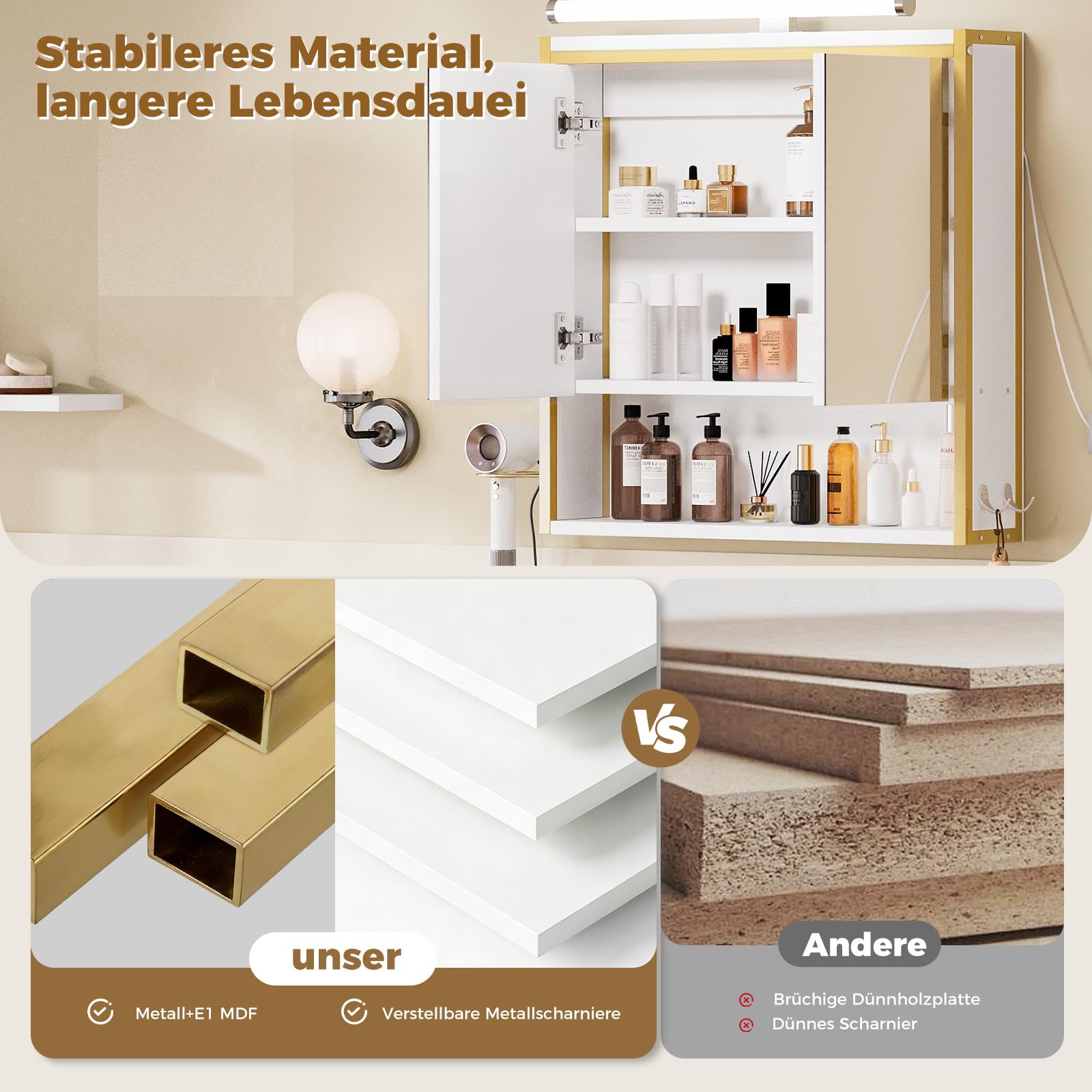 ELUCHANG Specchio da Bagno con Contenitore e Luci, Pensile da Bagno con 2 Ante, 1 Scomparto Aperto e 2 Vani Chiusi, Ripiano Interno Regolabile,Bianco+Dorata, 60x13x60cm