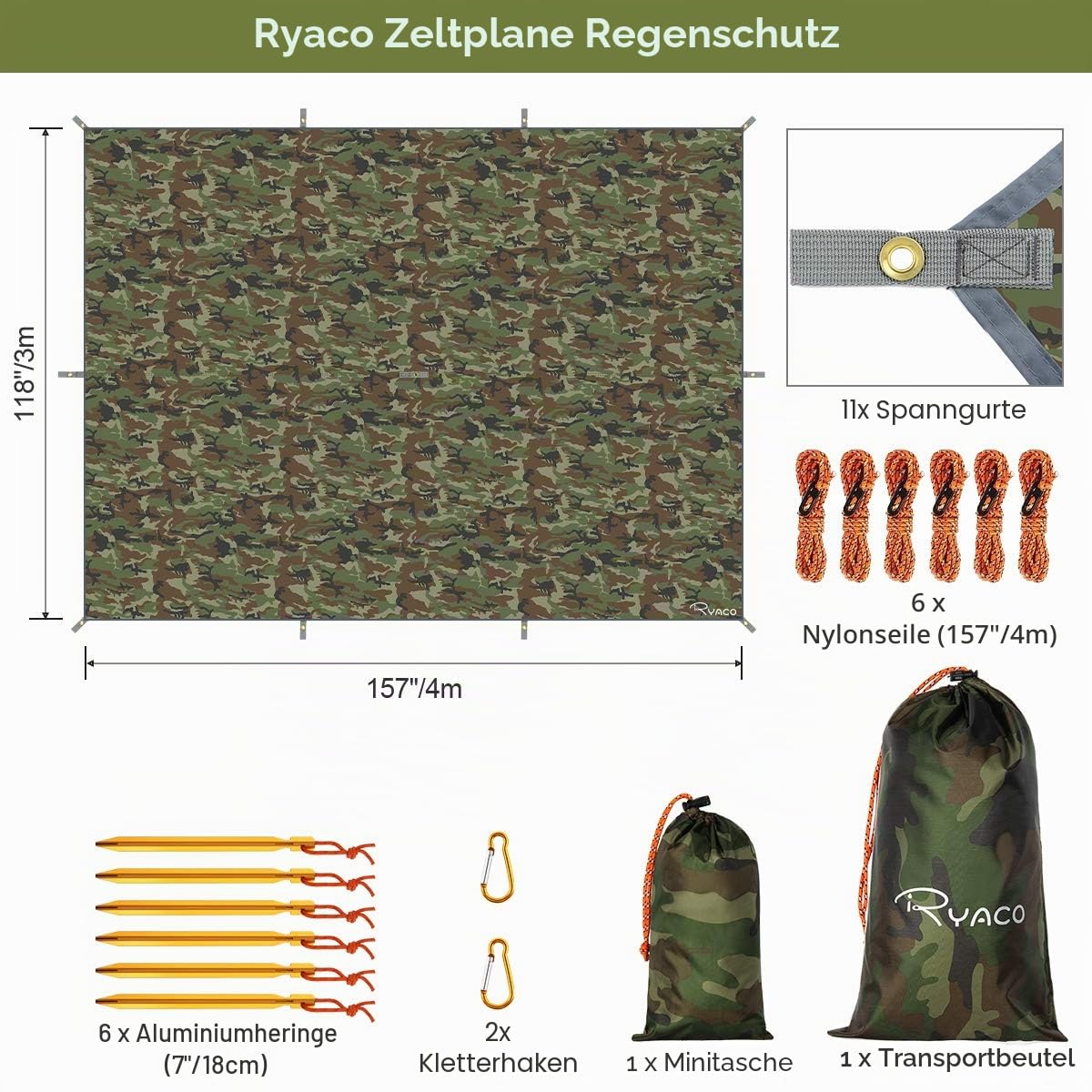 RYACO Tarp 3x4 m Wasserdicht Zeltplane Ultraleicht mit Ösen Anti-UV Schnee Regen Schutz Camping