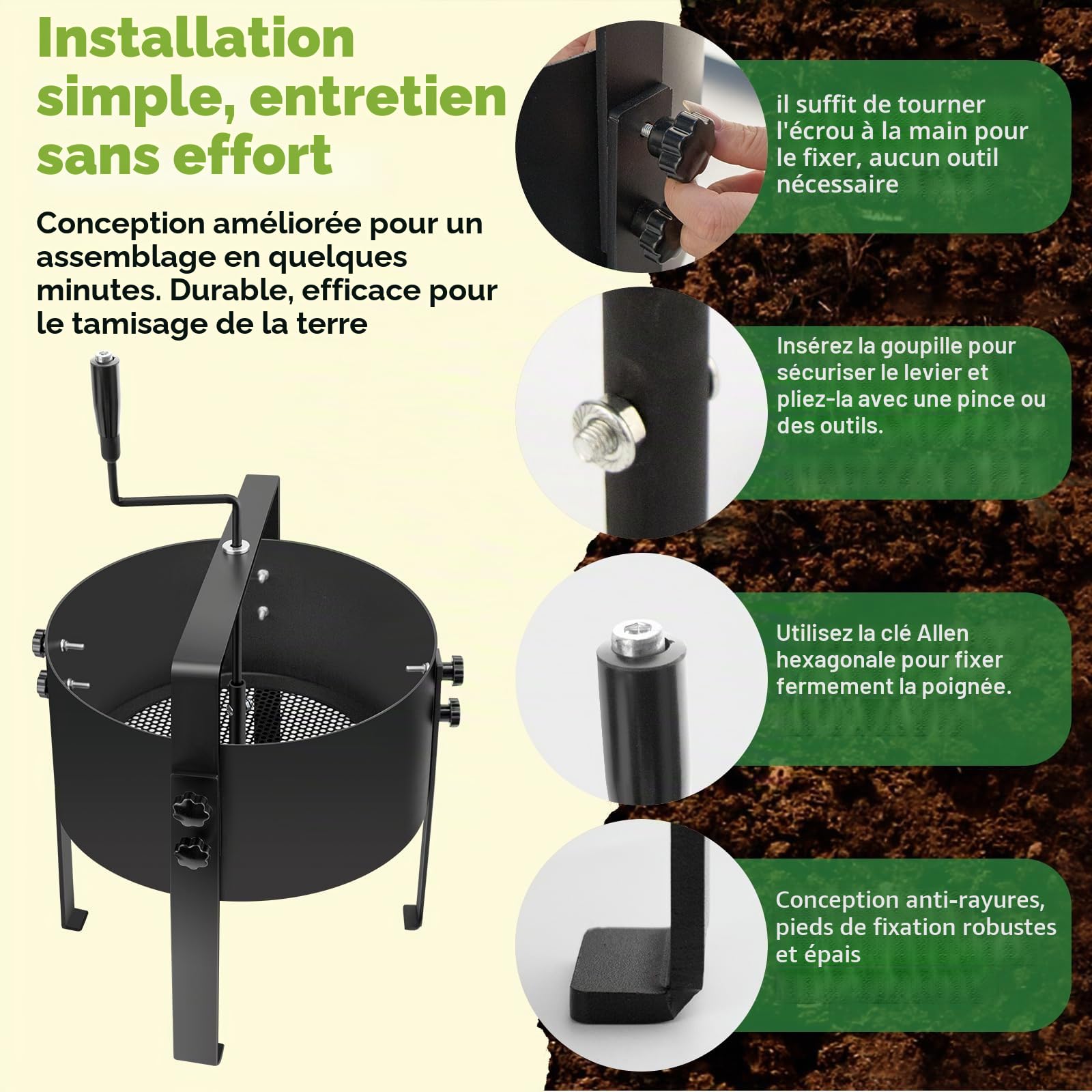 LIROPAU Tamis de jardin, tamis à compost, tamis de jardin en acier inoxydable avec 4 tamis interchangeables, diamètre 3, 6, 9, 12 mm, tamis de fond à manivelle en métal pour terre, compost, semences