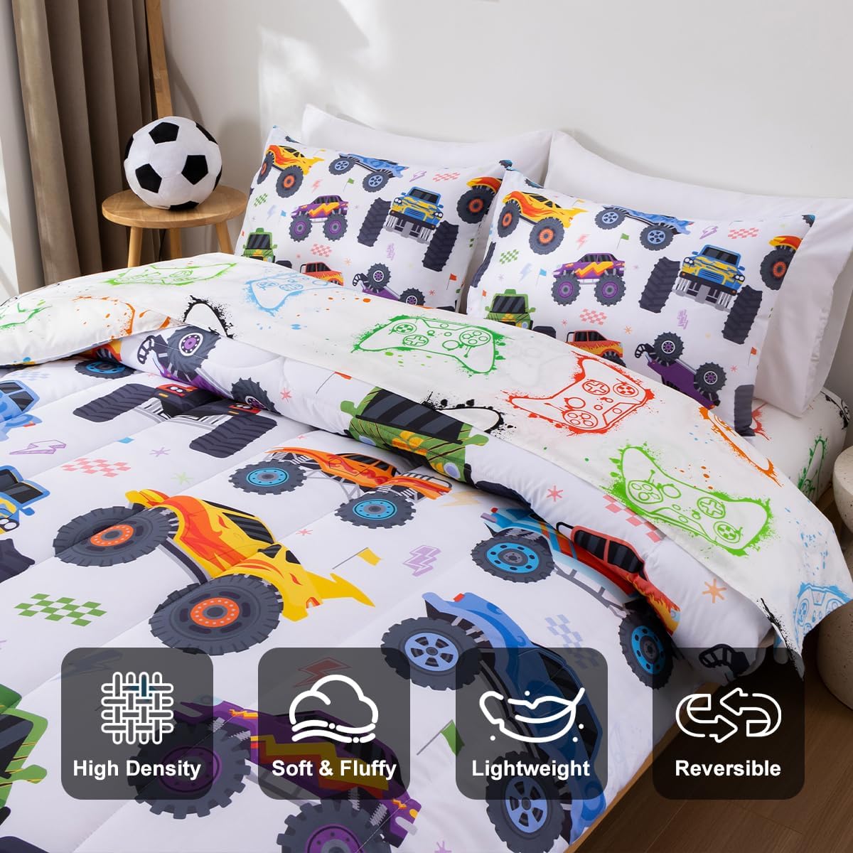 Holawakaka Boys Twin Size Off-Road Racing Truck Print Bedding Comforter Set with Sheets, Cartoon Race Trucks Printed Bed in A Bag 5 Pieces Kids Teen-Boys Cars Dorm Reversible Bed Sets,Multi