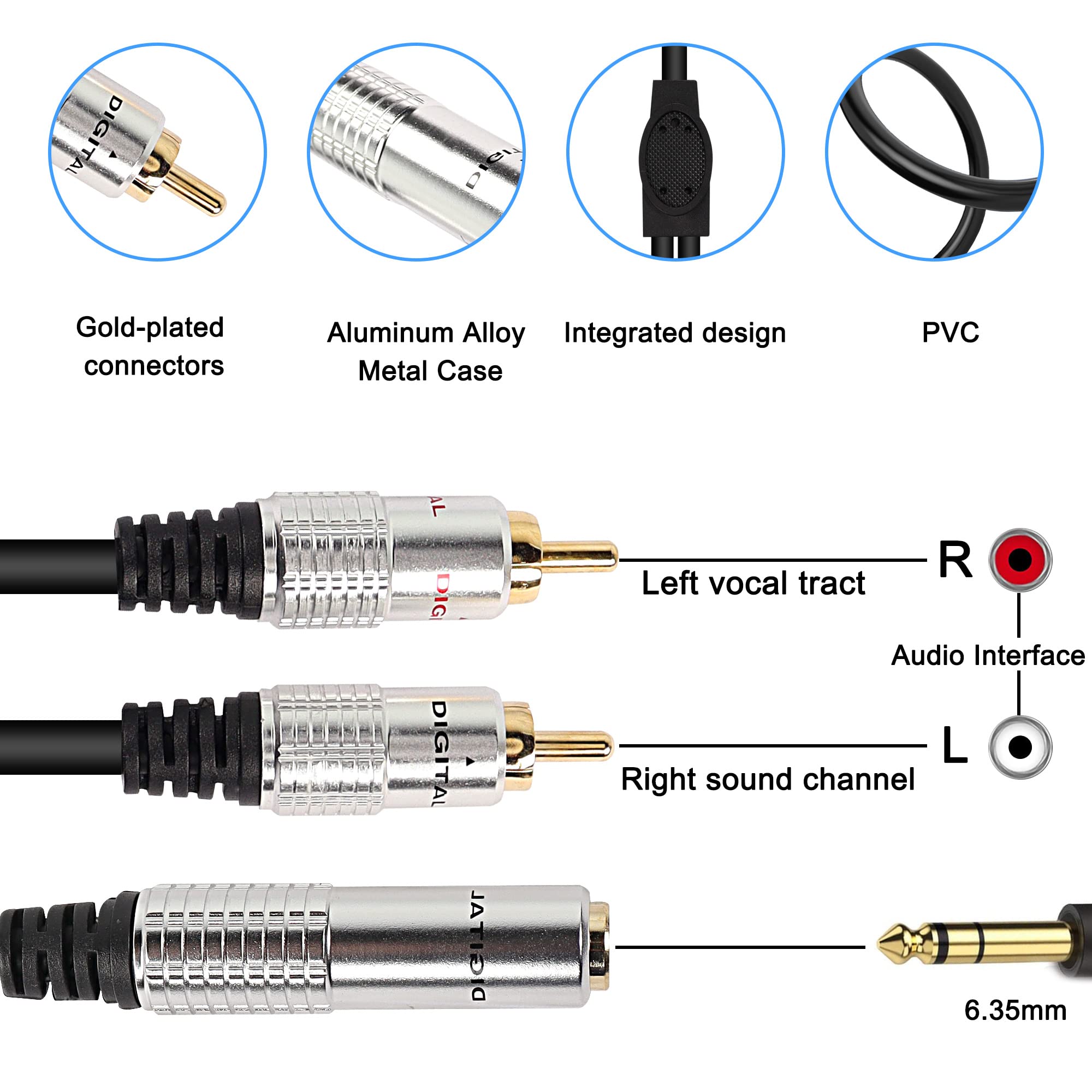 Cavo Audio Splitter 6.35mm A 2 RCA - Adattatore Stereo TRS Femmina A RCA Maschio 50cm - Foto 9