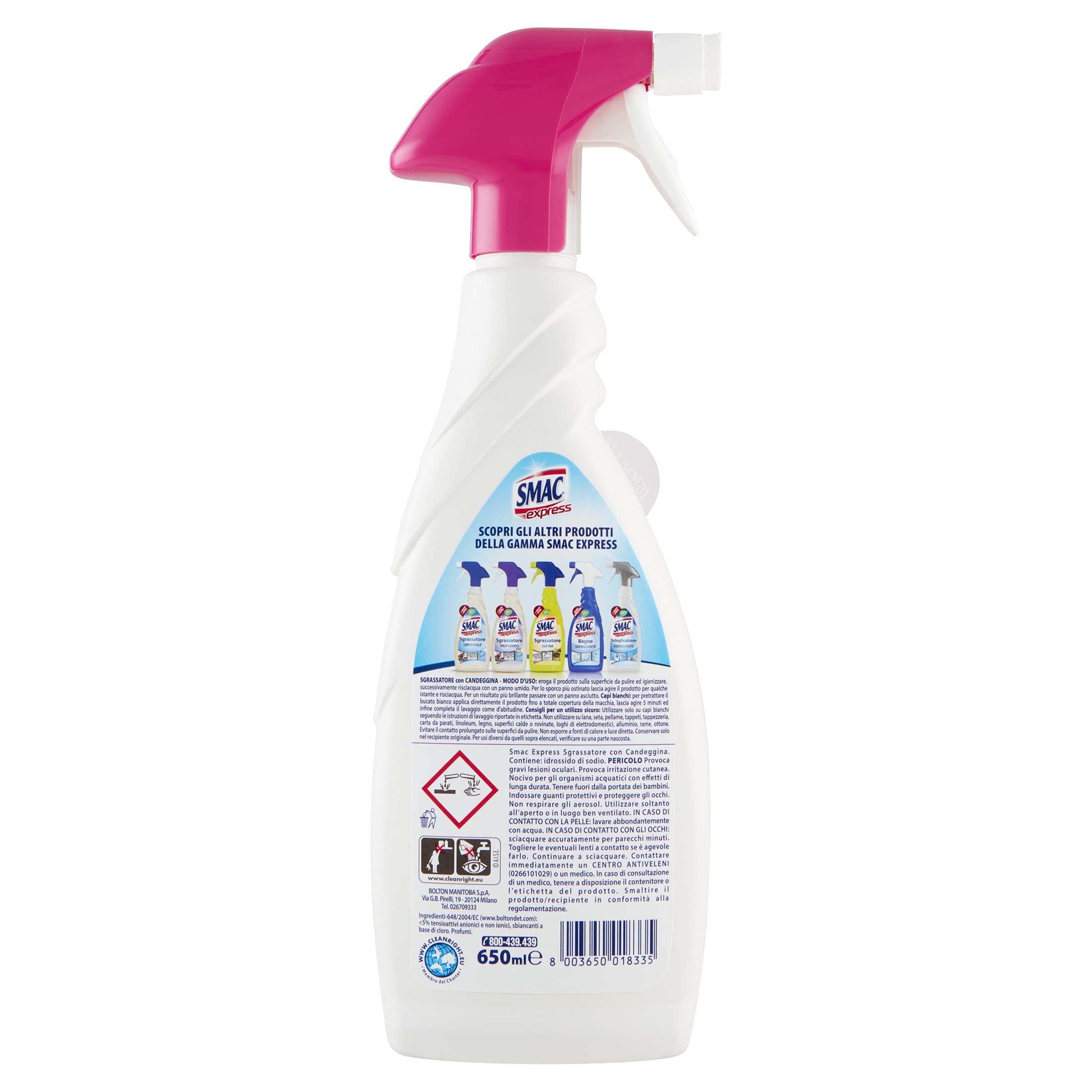 Smac Express - Sgrassatore con Candeggina, Detergente Spray con Azione Sgrassante e Igienizzante, con Tecnologia Zero Aloni, 650 ml x 12 Pezzi