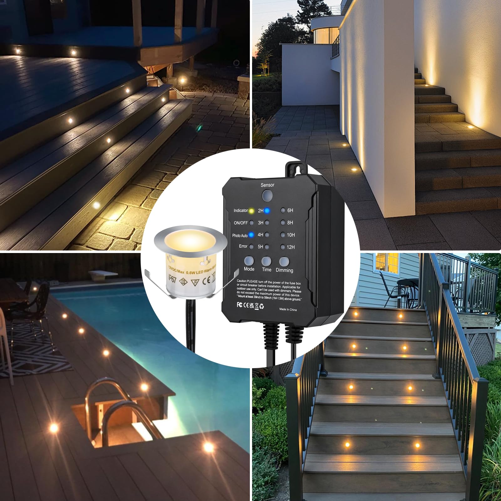 SMY Lighting 20 przyciemnianych reflektorów do zabudowy tarasowej, ciepła biel, z czujnikiem czasu i fotokomórkami, 12 V 0,6 W Ø 32 mm LED do wbudowania w ziemię, na taras, do ogrodu, mostu