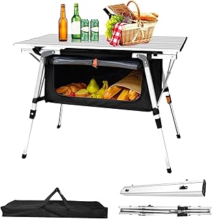 Folding Camping Table, Adjustable Height Aluminum Camp Table, Portable Lightweight Outdoor Table with Storage & Carry Bag, Grey