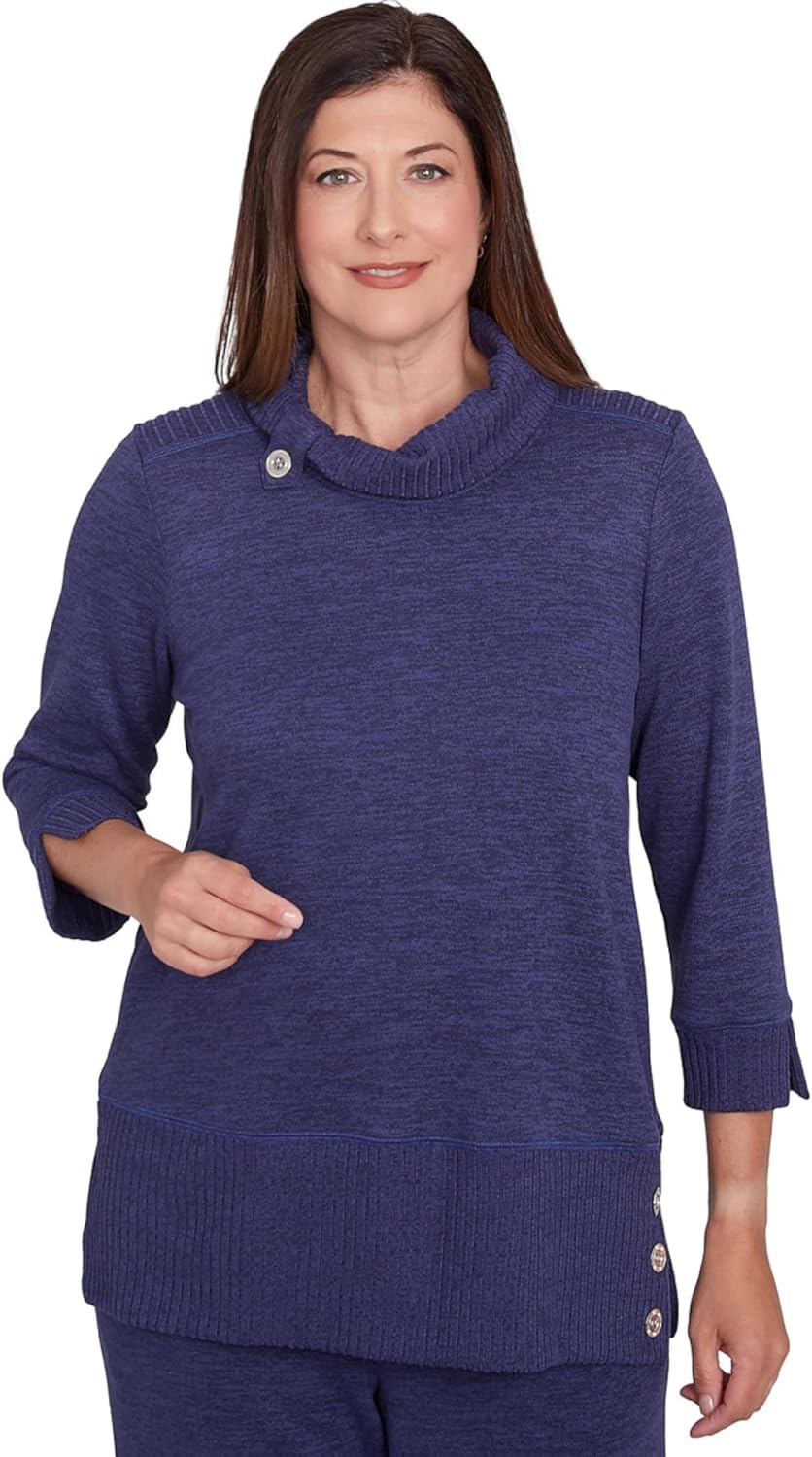 Alfred Dunner Women's French Quarter Spliced Ribbed Cowl Neck Solid Top