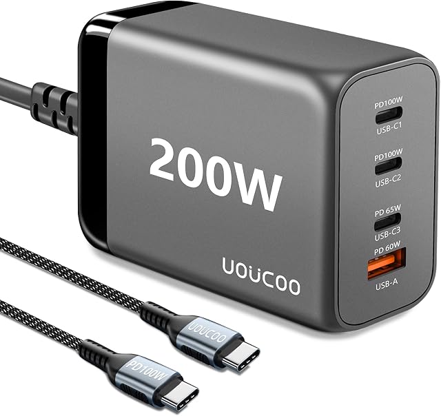 UOUCOO 200W USB C Charger Plug GAN Charger,100W+100W 4 Port Fast Charger USB C Charging Station/Power Adapter,with 2m PD Lightning Cable,for MacBook Pro/Air,Dell,iPhone14/13Pro iPad,Switch,Galaxy