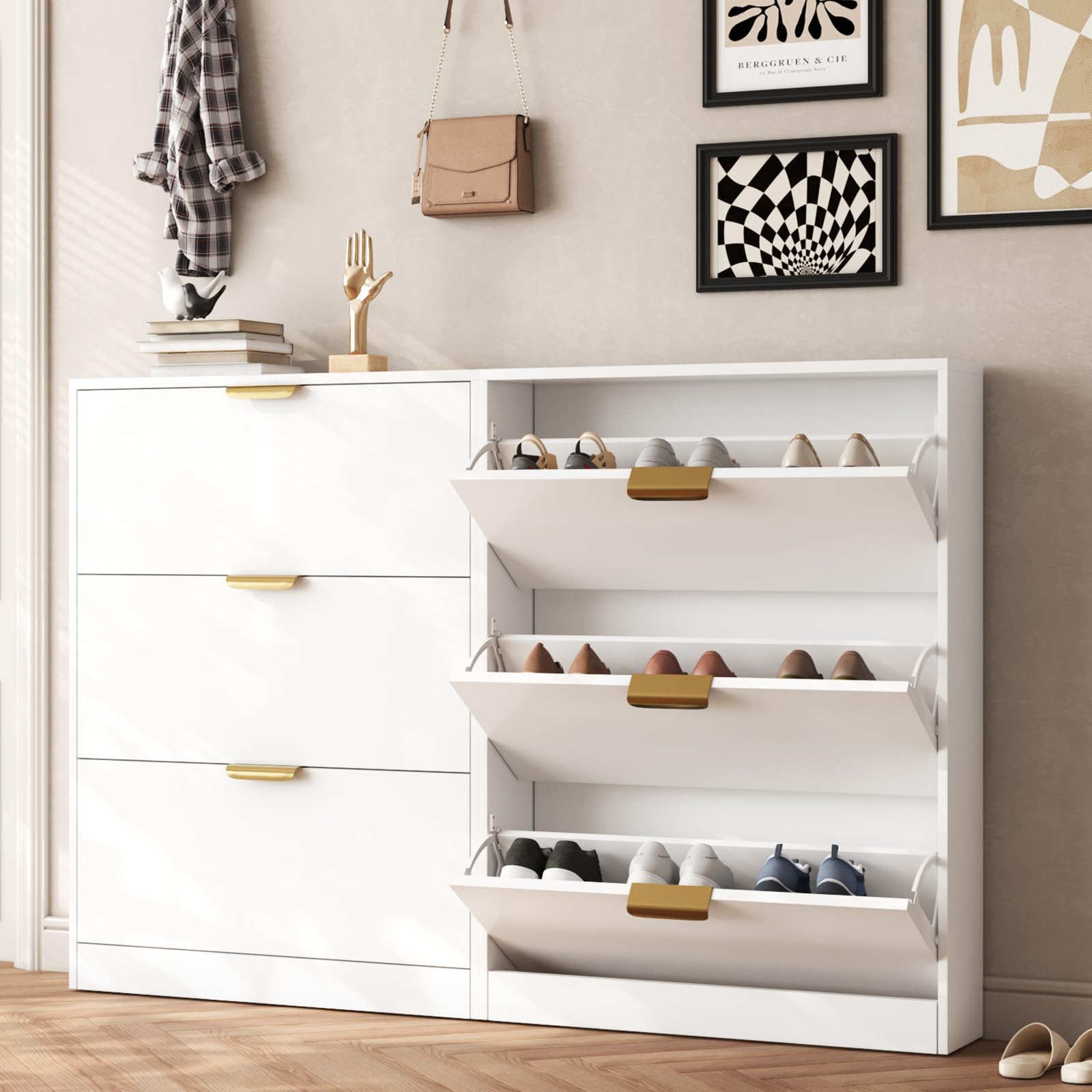 VOWNER Stojak na buty z 3 drzwiami, szafka na buty do przedpokoju, 80 x 17 x 108 cm (dł. x szer. x wys.), biały, drewno, do wąskiego wejścia, korytarza