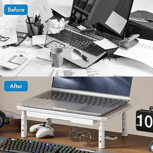 Miniatura 4 de Elevador de monitor con cajón, altura ajustable (4.1-5.7 in), 3 engranajes, organizador de escritorio de acero al carbono para computadoraportátil,