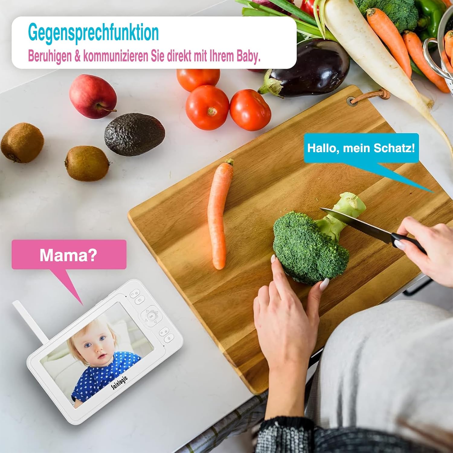 Pregnant woman talking into monitor, baby on screen