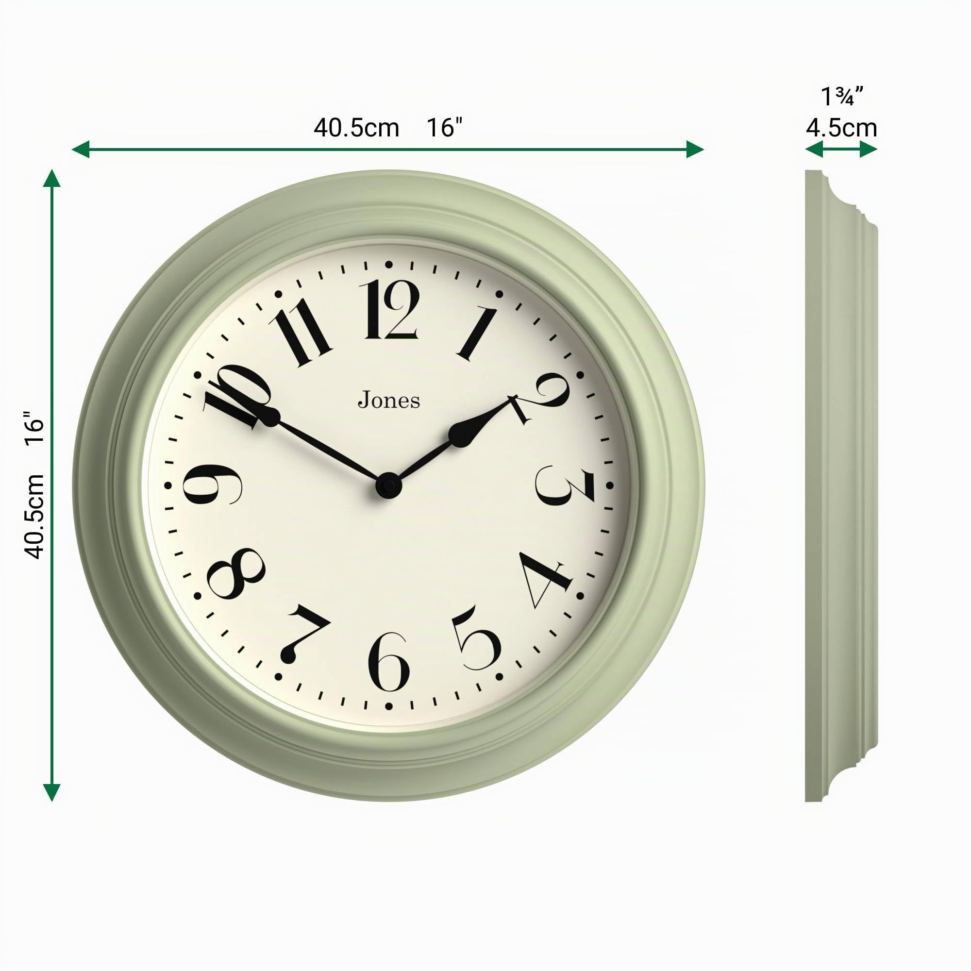 JONES CLOCKS® Fenchurch Wanduhr | Große Klassische runduhr | 40cm | Grün | Elegantes dekoratives Design, ideal für küche, Wohnzimmer oder Schlafzimmer