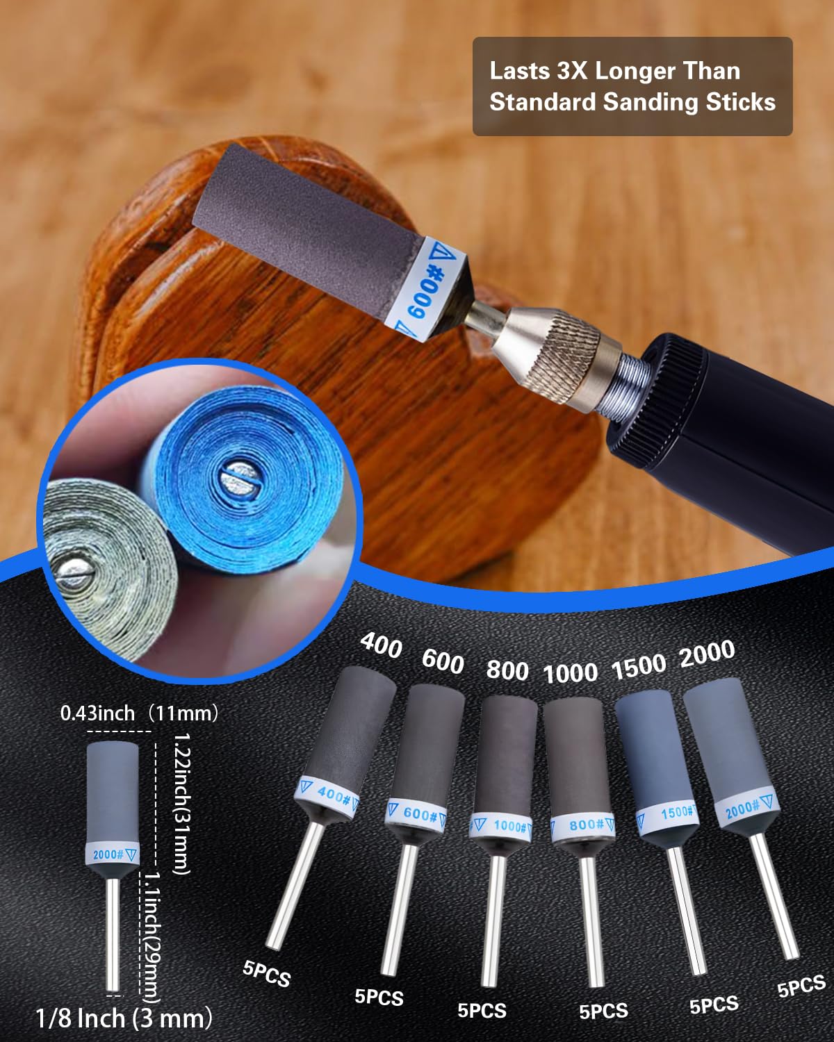 Set di 30 tamburi abrasivi per utensili rotanti Dremel, kit di punte abrasive per nastri abrasivi Dremel con gambo da 1/8", set di bastoncini di carta vetrata per plastica, legno, metallo, rettifica e