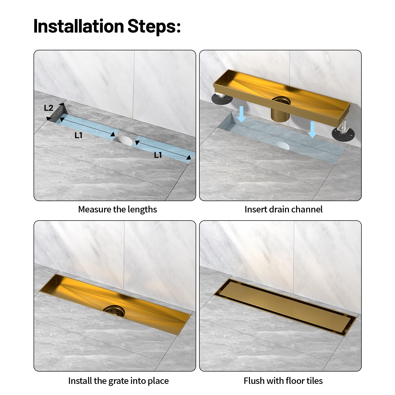 Drenaje de ducha lineal para piso, cubierta plana y de azulejos 2 en 1, desagüe de baño de acero inoxidable cepillado con recogedor de pelo y patas ajustables de 12 pulgadas