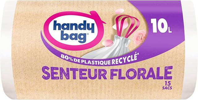Handy Bag - Torby łazienkowe z uchwytami przesuwnymi, kwiatowy zapach 10 l x 15 torebek - Odpowiednie do małych pojemników - Maksymalne uszczelnienie - dno zapobiegające wyciekom - 100% plastik z