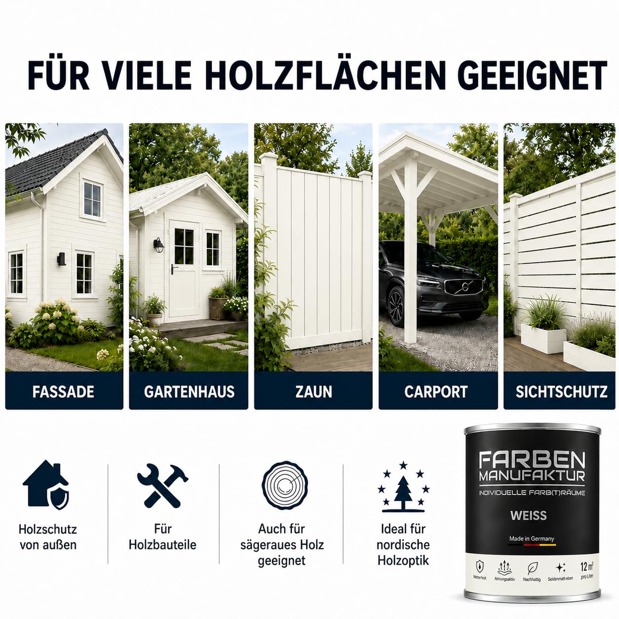 Schwedenfarbe Holzfarbe Außen Wetterfest – Holzschutzfarbe für Fassade, Gartenhaus, Zaun & Scheune – Diffusionsoffen & Nachhaltig Wetterschutzfarbe 2L, Größe: 2L, Farbe: weiß