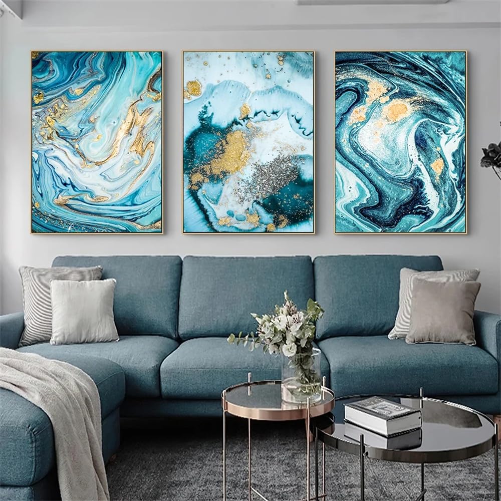 Wuhbcz Golden/Blue Art Pictures-Modern Abstract Marble Poster Mural Art Painting Picture Printing Nordic Living Room Kitchen Office Hotel Home Decoration-50 * 70Cm/3Pcs (No Frame)