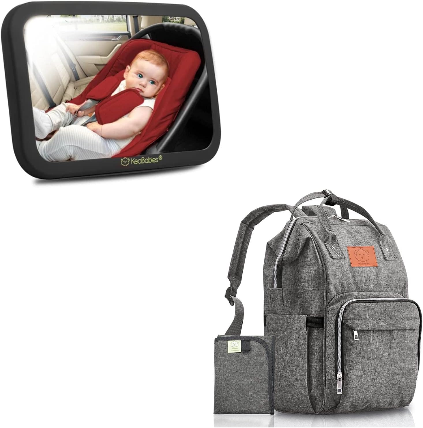 Baby Carseat Rear Facing Mirror and Diaper Backpack Bundle - Large Shatterproof Baby Car Mirror - Waterproof Travel Baby Bags