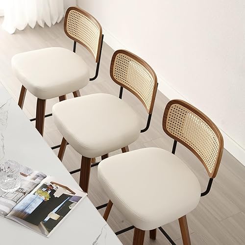 Miniatura 8 de Bekrvio Juego de 3 taburetes de bar giratorios de altura de mostrador, taburetes de bar tapizados de piel sintética con respaldo de ratán, sillas de