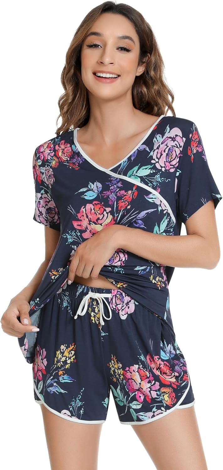 NACHILA Pajamas for Women-Viscose Made from Bamboo, Pjs Short Sleeve Sleepwear V Neck Loungewear Soft Pajama Sets