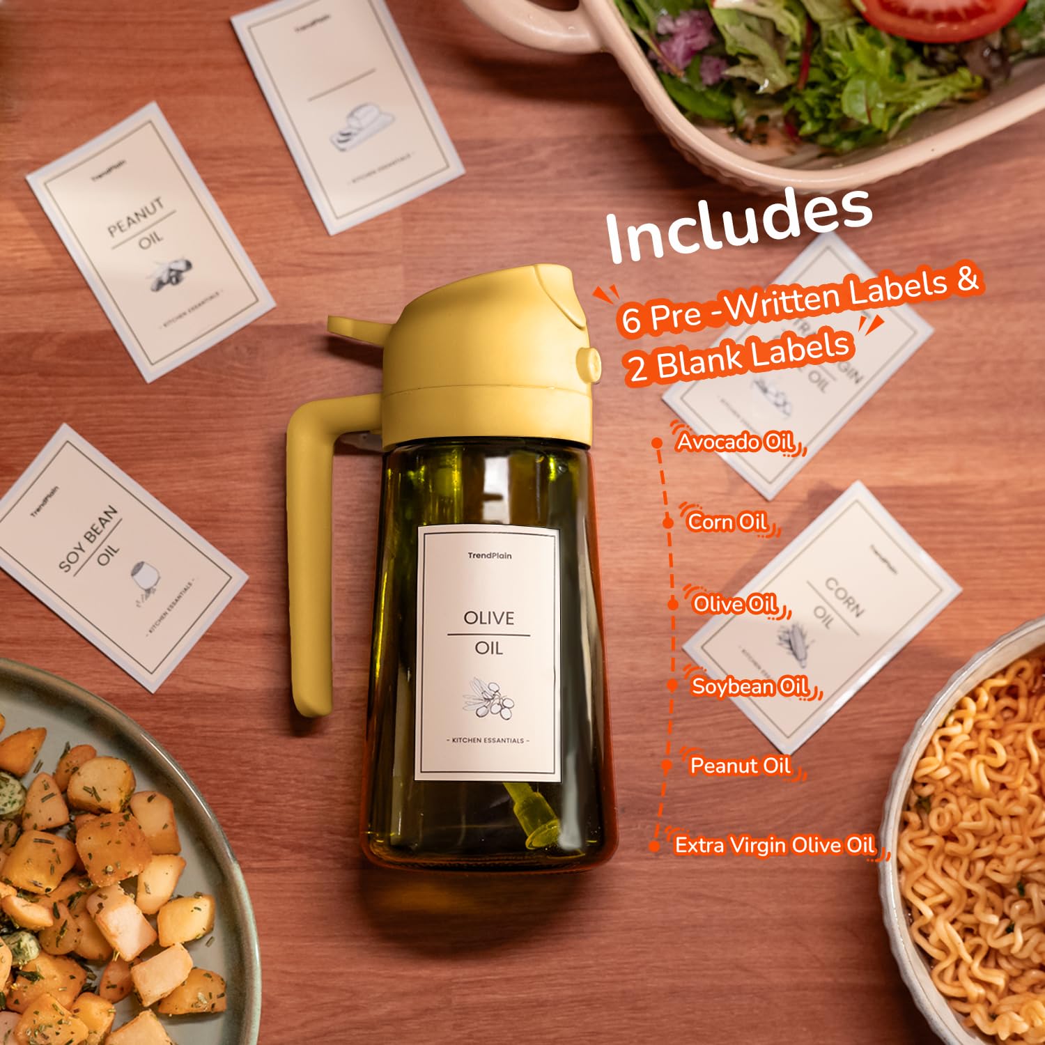 TrendPlain Spruzzino Olio per Friggitrice Aria 470ml, Dosatore Olio 2 in 1, Oliera Spray per Cucina, Insalata e Aceto, Accessori Cucina con Etichette e Protezione dalla Luce - Giallo