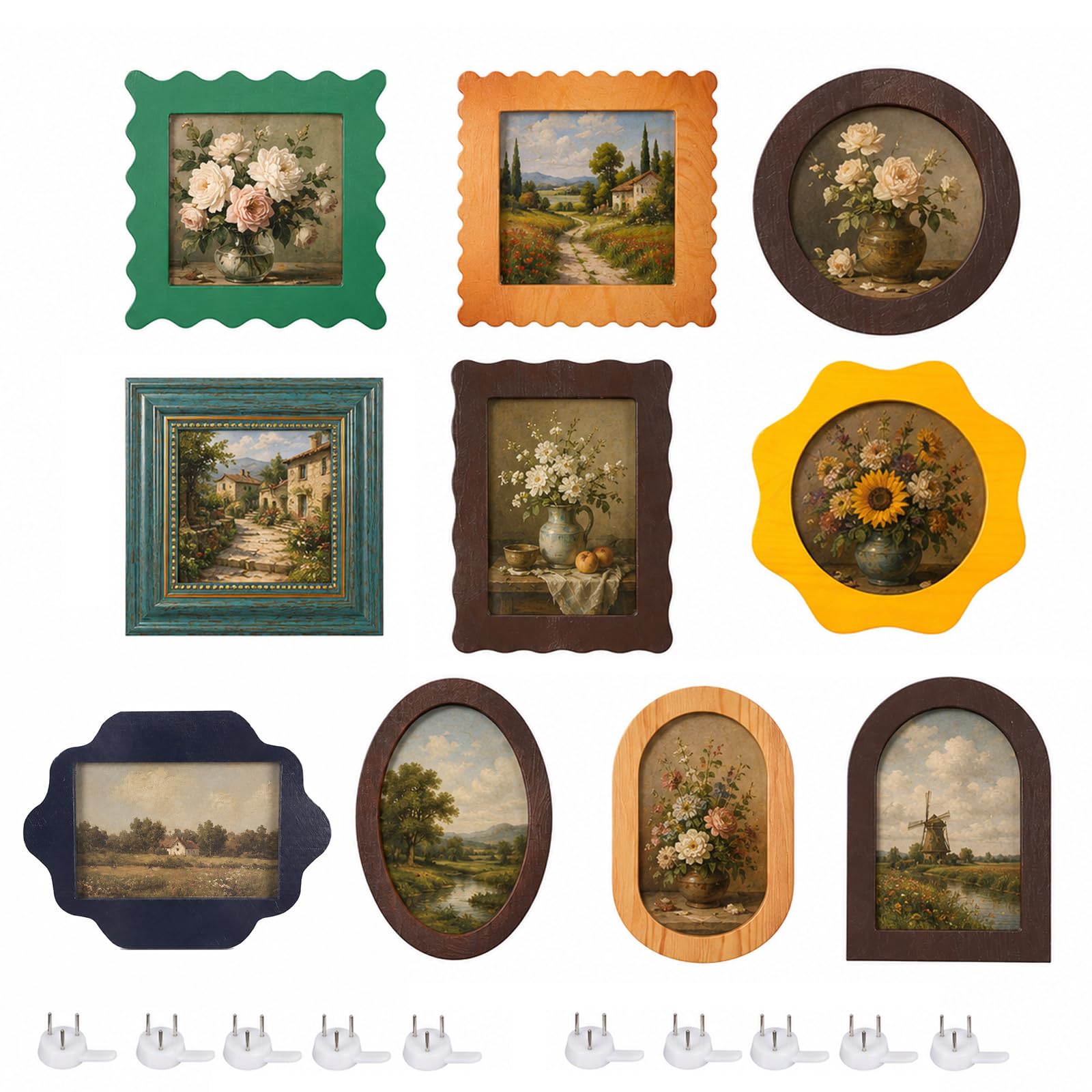 Zestaw 10 drewnianych ramek na zdjęcia w stylu vintage, retro ramki na zdjęcia, kolaż w stylu wiejskim, ornamenty i specjalne kształty (okrągłe, owalne, łuk itd.), na ścianę i stół, prezent dla