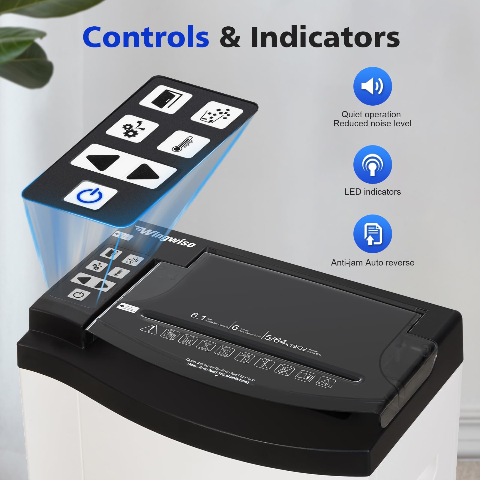 Wingwise Trituradora de papel de alimentación automática de 150 hojas, micro corte P-5 de alta seguridad (5/64 x 19/32 pulgadas), contenedor grande de 6 galones, funcionamiento continuo de 40 minutos