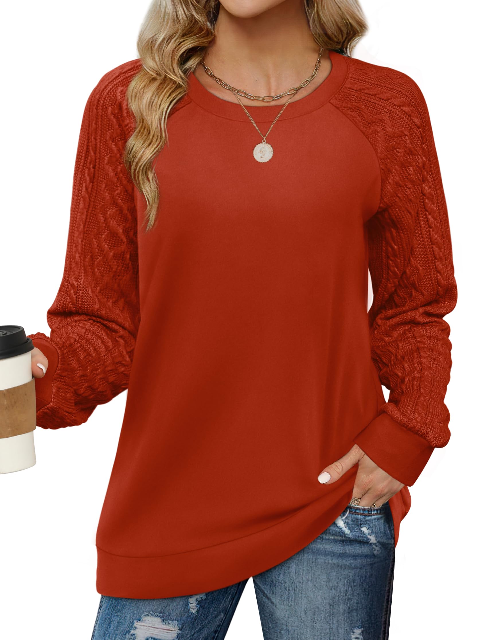 Saloogoe Sweatshirts for Women Crewneck Cable Knit Sleeve Sweaters Lightweight Fashion 2025
