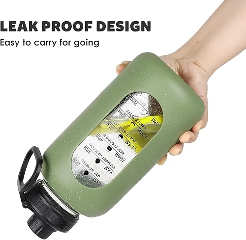 Miniatura 3 de Botella de agua de vidrio de 40 onzas con tapa de asa, marcador de tiempo, jarra de agua deportiva motivacional con funda de silicona, botella de