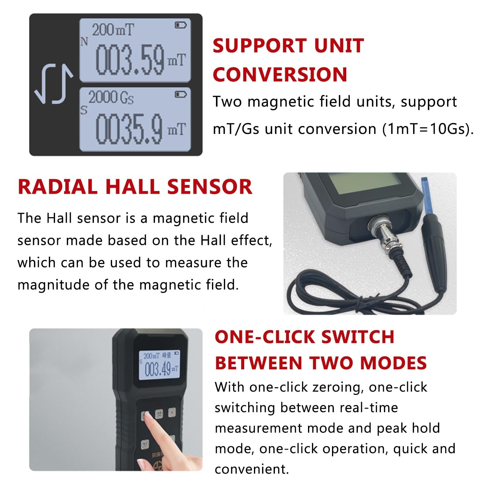 Gaussímetro Digital de Alta Precisión, Medidor de Campo Magnético, Resolución de 0.01mT y Sensor Hall Radial, Conmutable entre mT/Gs, Retención de Pico para Medición de Campos Magnéticos Superficiales
