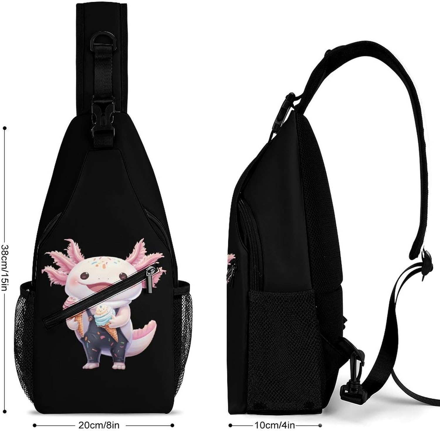 Axolotl Ice Cream Men Crossbody Sling Backpack Chest Bag | Travel Fanny Pack,Hiking Daypack,Print Shoulder Bags