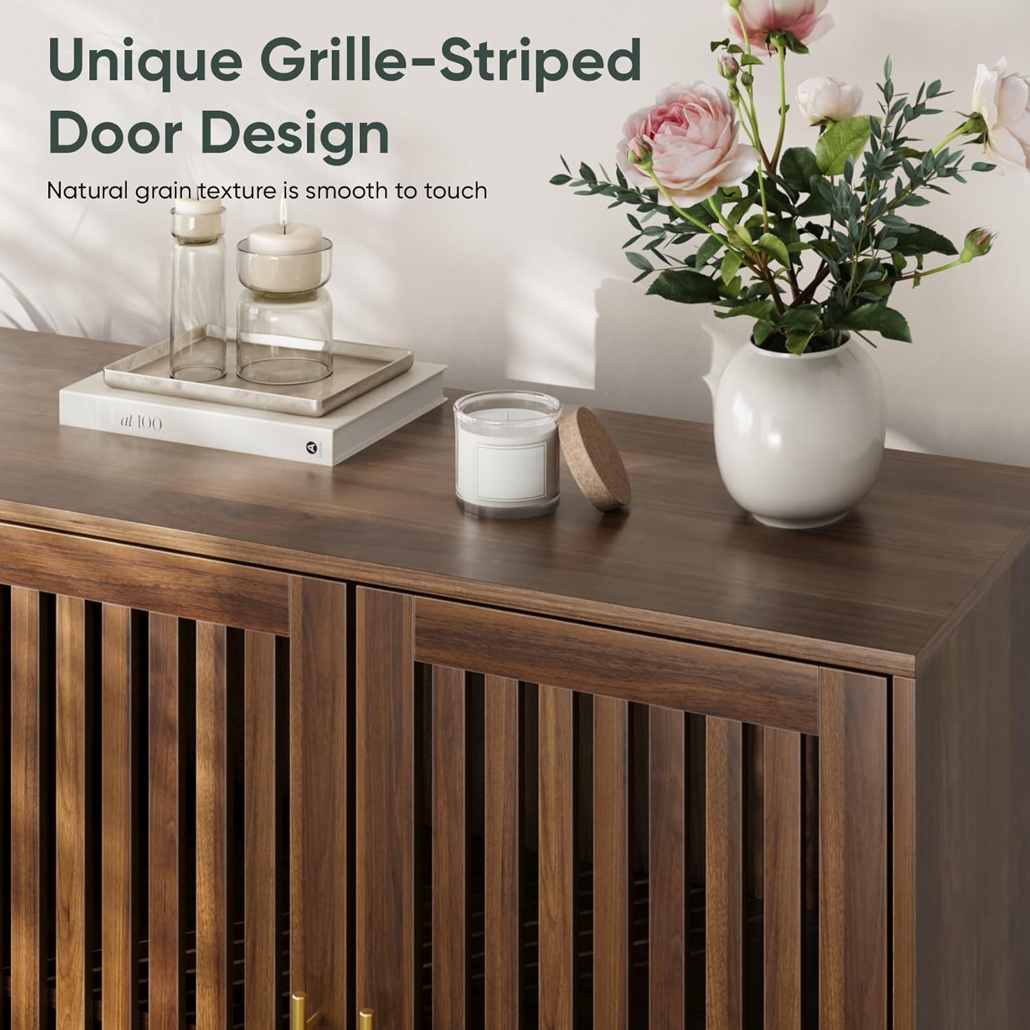 63" Long Sideboard Buffet with 4 Louvered Doors, Farmhouse Buffet Storage Cabinet with Gold Handle, Coffee Bar Cabinet for Entryway, Kitchen, Dining Room, Living Room, Walnut Color