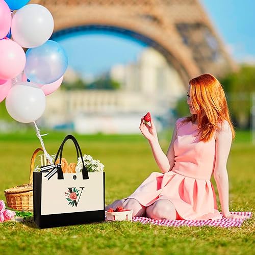 Miniatura 102 de Initial Canvas Tote Bag, Personalized Birthday Gifts for Women Mom Friends Teachers, Monogrammed Tote Bags Suitable for Mother's Day Wedding Beach