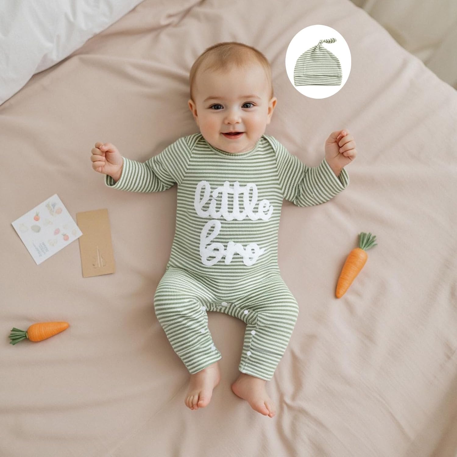 pengnight Baby Boy Clothes Little Bro Newborn Outfit Ribbed Knit Long Sleeve Baby Brother Romper Striped Bodysuit with Hat - Image 2