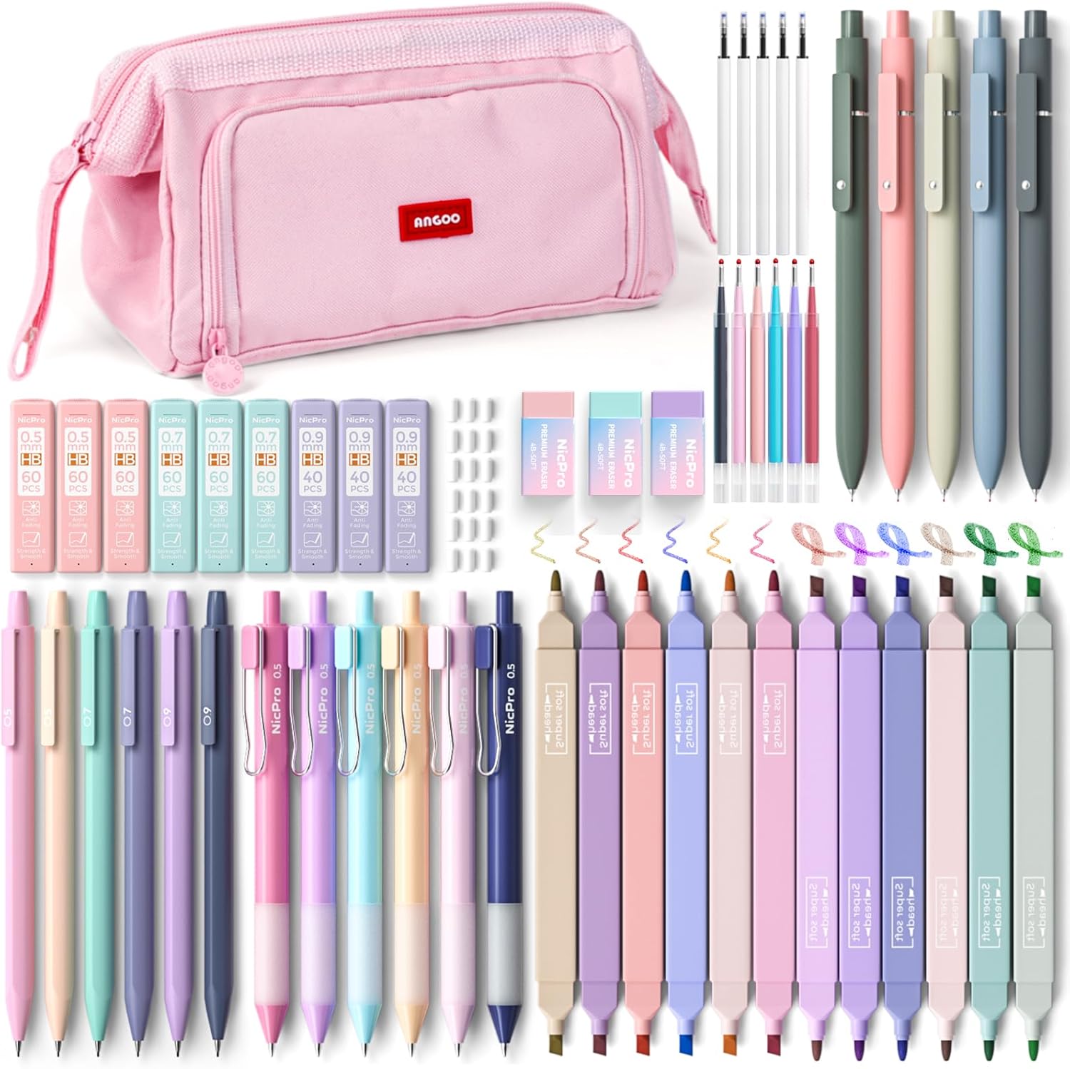 Nicpro 55PCS Aesthetic School Supplies with Pencil Case, 12 Pastel Highlighters, 11 Gel Pens, 6 Mechanical Pencils & Accessories, Cute Stationery Kit for Girls, Back to School Student Essentials