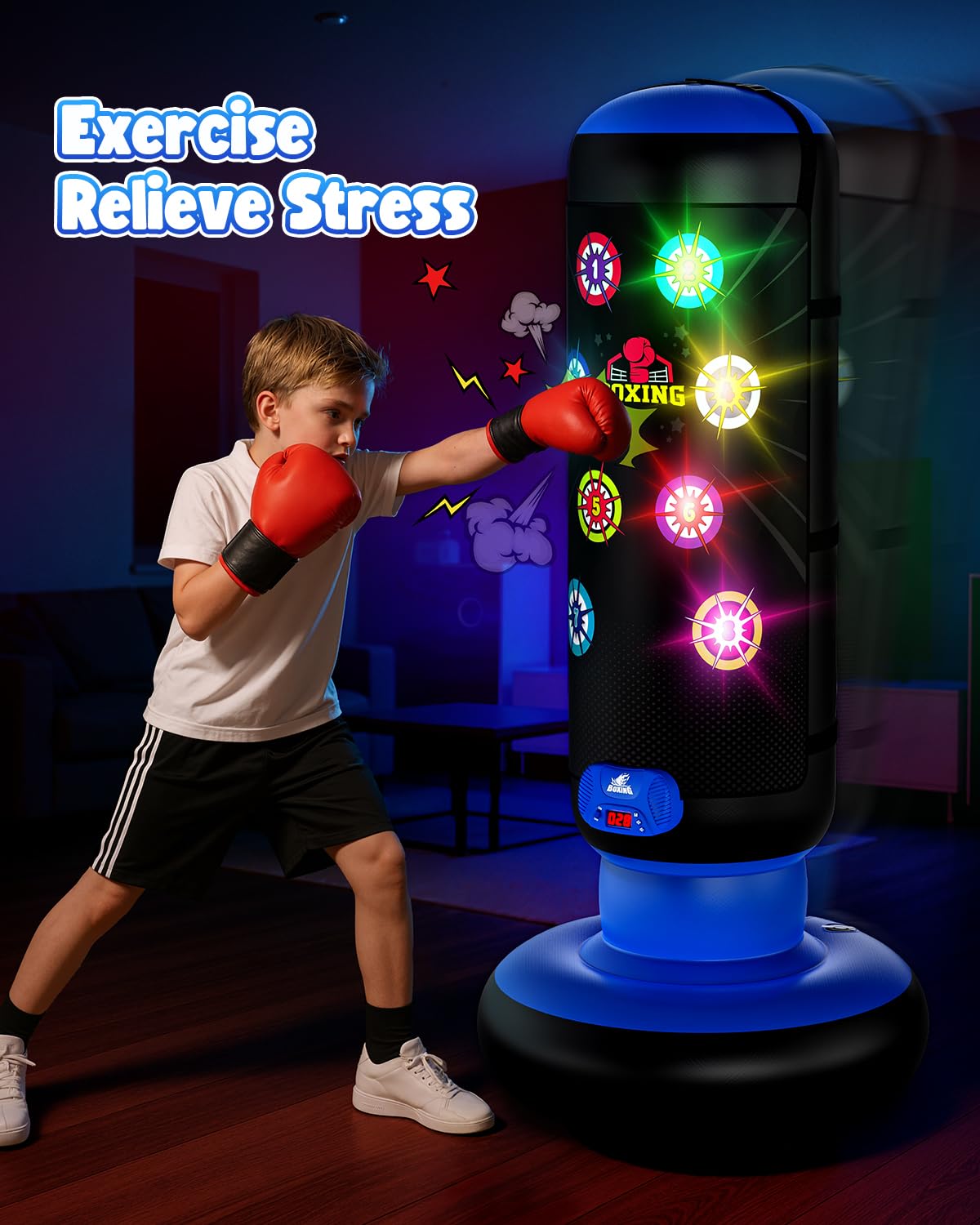Boxsack Kinder, Boxsack Stehend mit Musik & Licht, Interaktiv Punching Bag, Aufblasbarer Standboxsack mit Boxhandschuh Geschenke für 6 7 8 9 10 11 12 Jahren Kinder Jungen