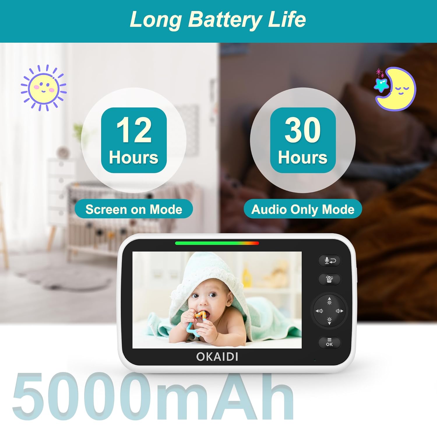 OKAIDI OD8050 HD 720P 5-Inch Baby Monitor showing no WiFi or app required