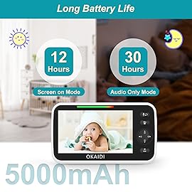 OKAIDI 720P HD Baby Monitor, 5 Inch Baby Monitor with Camera and Audio, 5000mAh Battery, Remote Pan-Tilt, 3X Zoom, 1000ft Baby Monitor NO WiFi, Night Vision, 2-Way Talk, Temperature, Lullabies