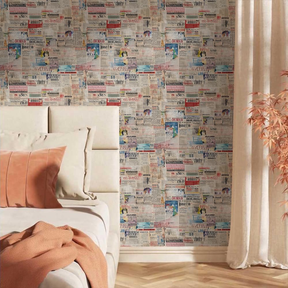 18"x236" Vintage Newspaper Creative Modern Peel and Stick Self Adhesive Wallpaper Removable Contact Paper Stick on Easy Peel Off Wall Paper for Kitchen Bedroom Bathroom Renter