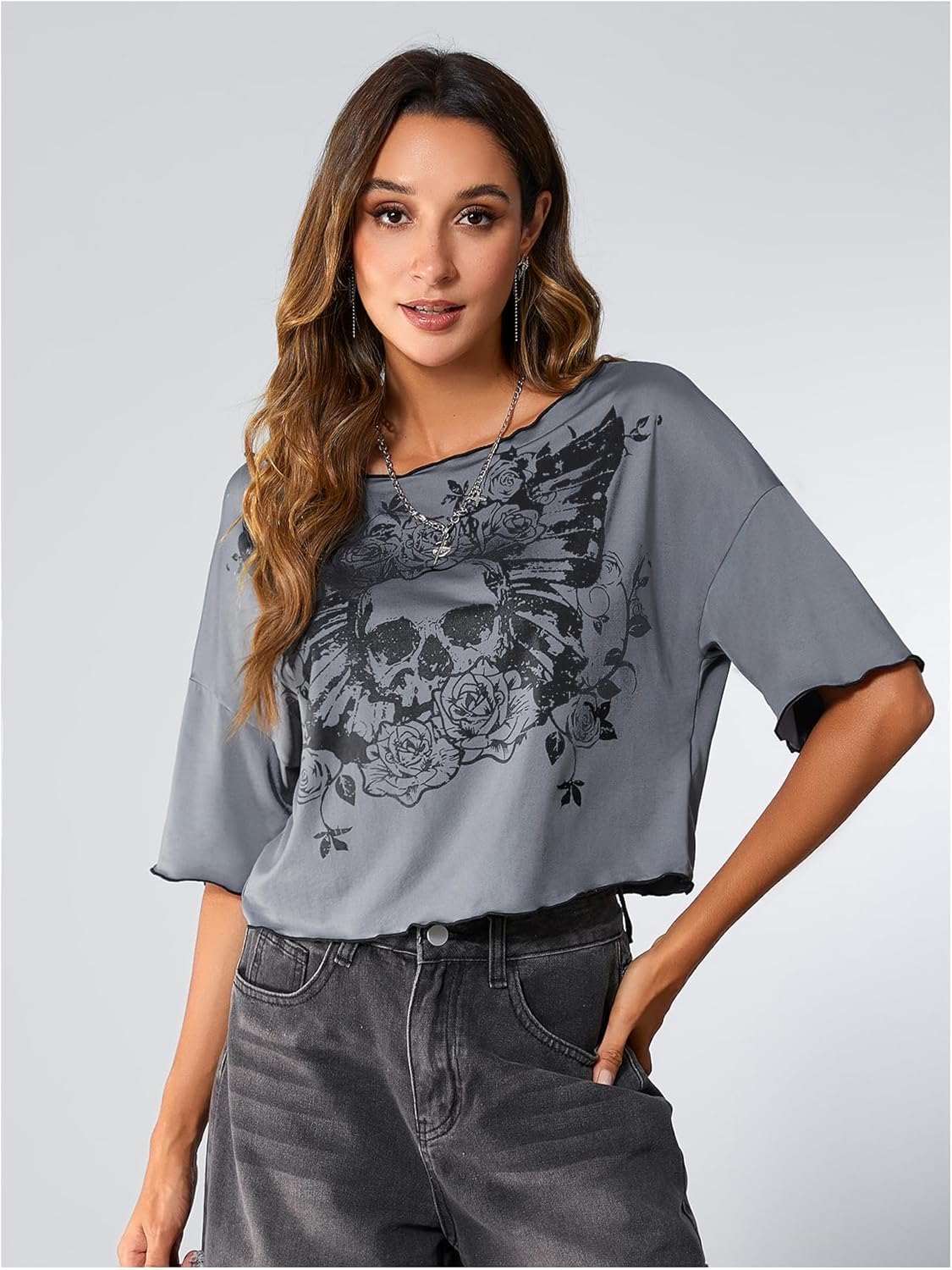 SOLY HUX Womens Y2K Grunge Shirts Short Sleeve Off Shoulder Crop Graphic Tees Goth Skull Tops - Image 4