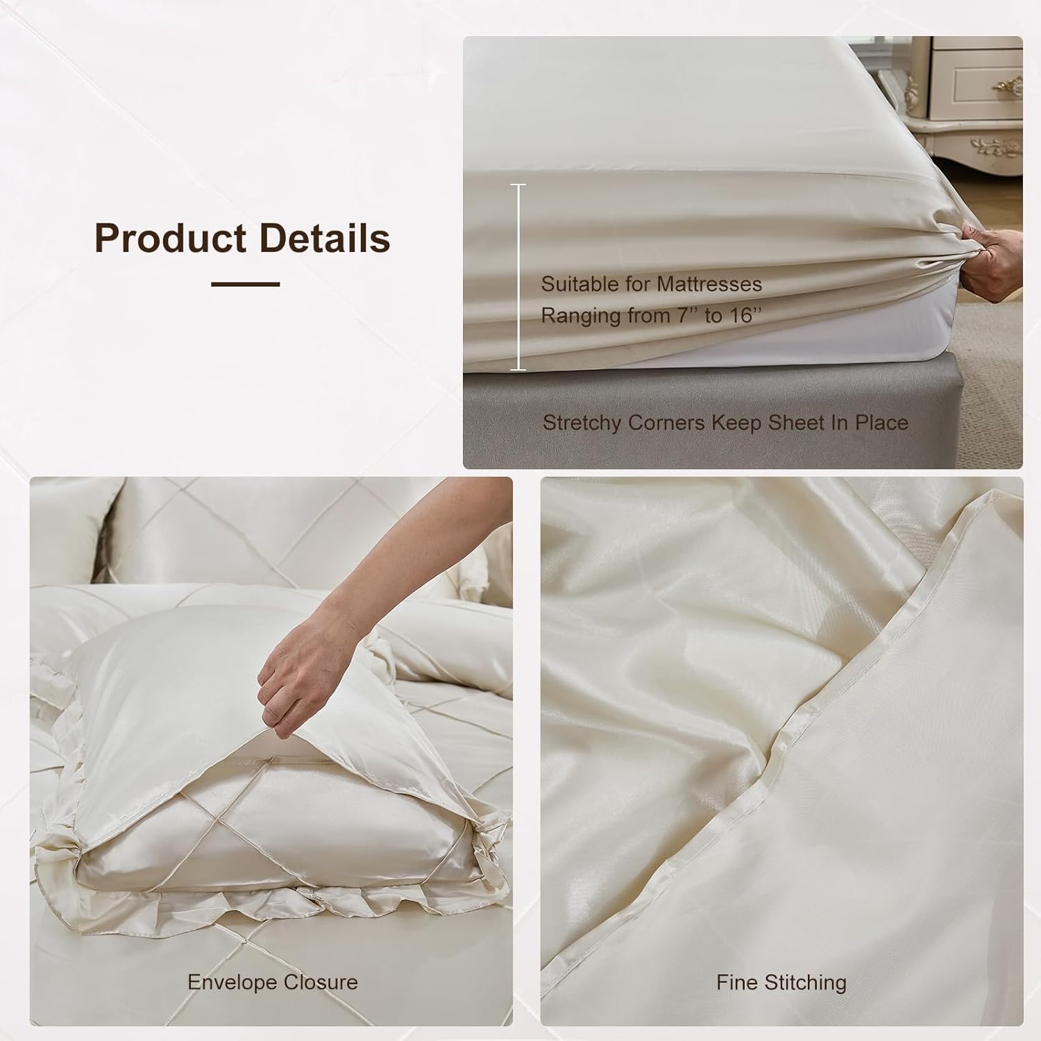 Satin Comforter Set King Beige Sheet Set Silk Like Bedding Set Silky Bed in a Bag 8 Pcs Pinch Pleat Bed Set Home Decor Luxury Hotel Silky Ruffle Comforters with 1 Cushion Cover