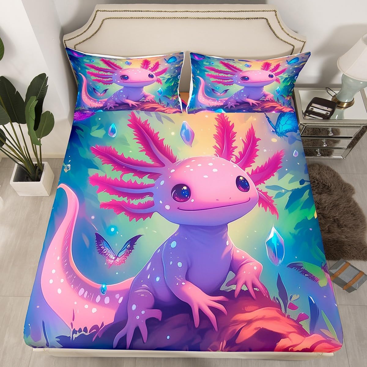 Cartoon Axolotl Fitted Sheet Ocean Decor Newt Full Size Bed Sheets, Salamander Walking Fish Nautical Sea Animal Bedding Set