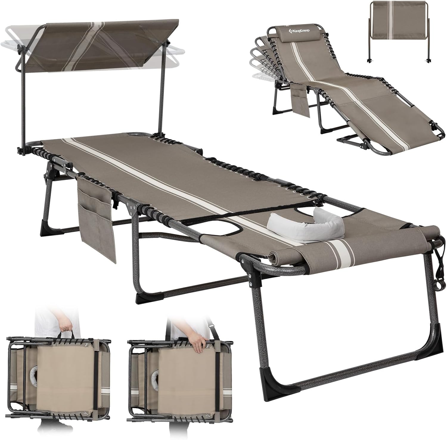 KingCamp Tanning Chair with Face Hole, Lounge Chairs Outdoor Folding Portable Comfy Adjustable 5-Position Foldable Chaise Chaser with Canopy Shade for Outside Beach Patio Sun bathing Pool, Beige/White Beige/White Canopy TriFold SkyShade Canopy