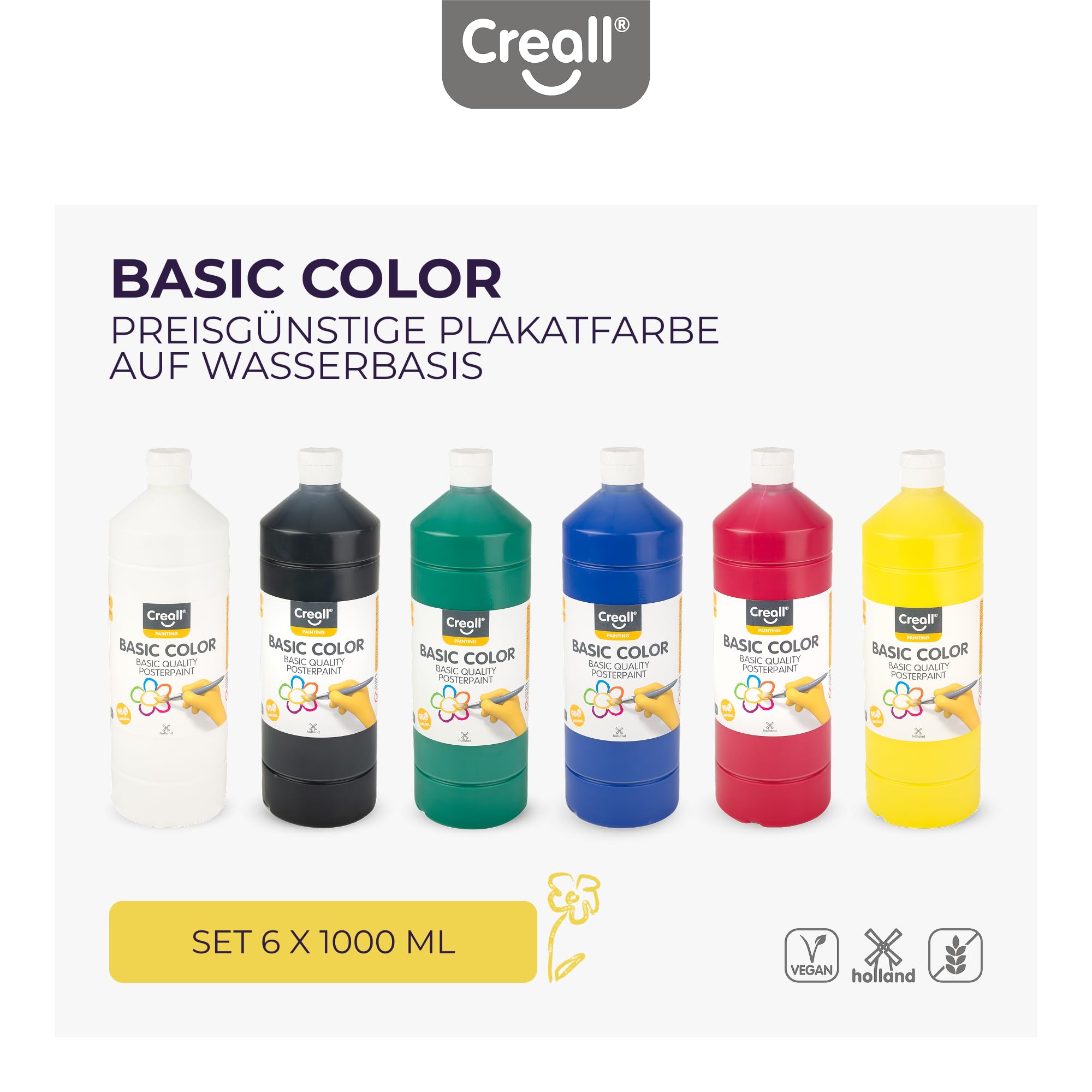 Creall Basic Color Set di Pittura a Tempera, 6 x 1000 ml | Pittura Lavabile a Base d'Acqua | Colori Miscelabili e Finitura Opaca | Per Applicazioni Creative