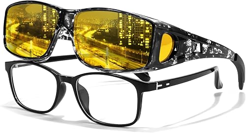 LVIOE Wrap Around Night-Vision Sunglasses, Fit Over Prescription Glasses with Po