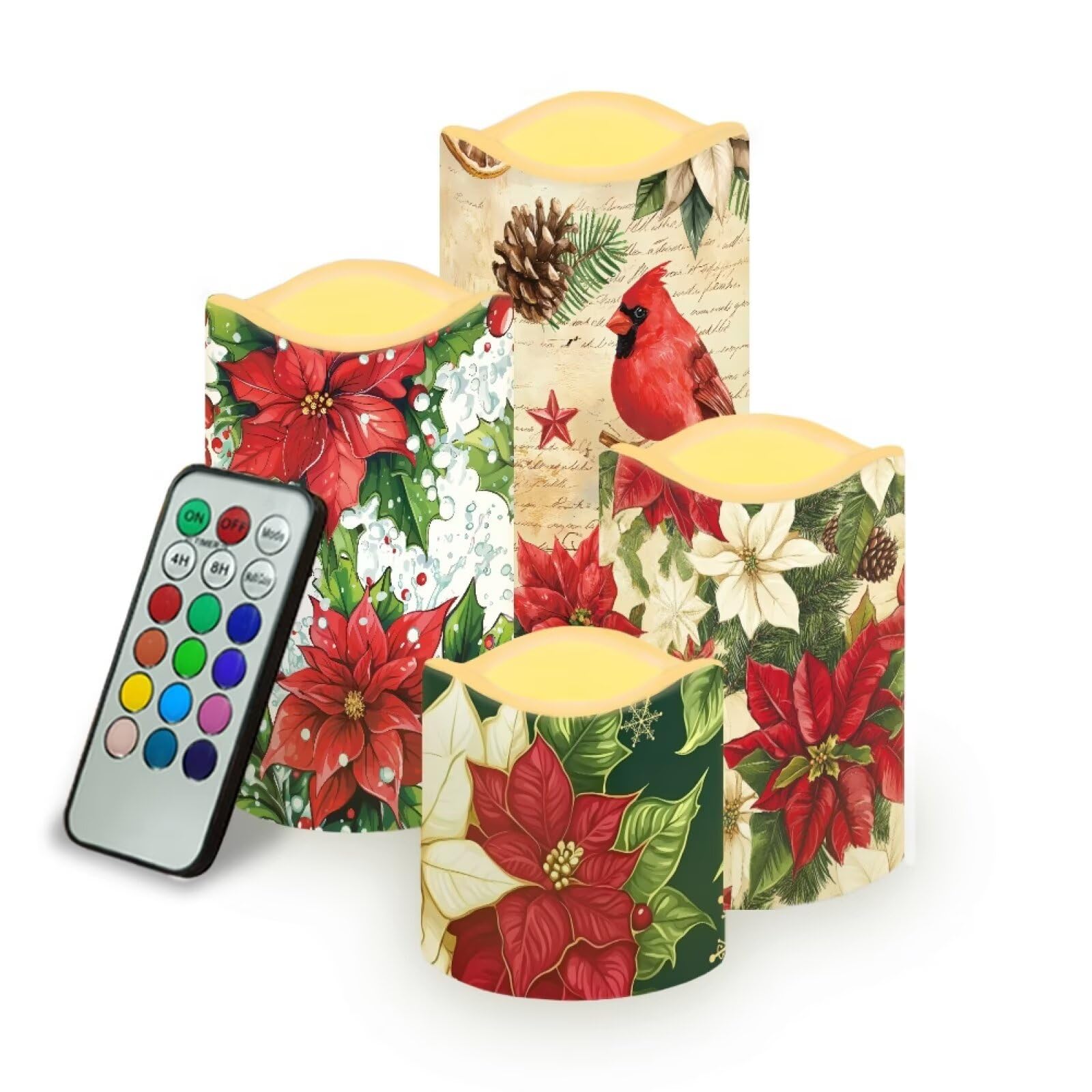 Poinsettia Plastic Flameless Candles with Remote Christmas LED Flickering Battery Operated Color Changing Electric Pillar Candles Christmas Decorations